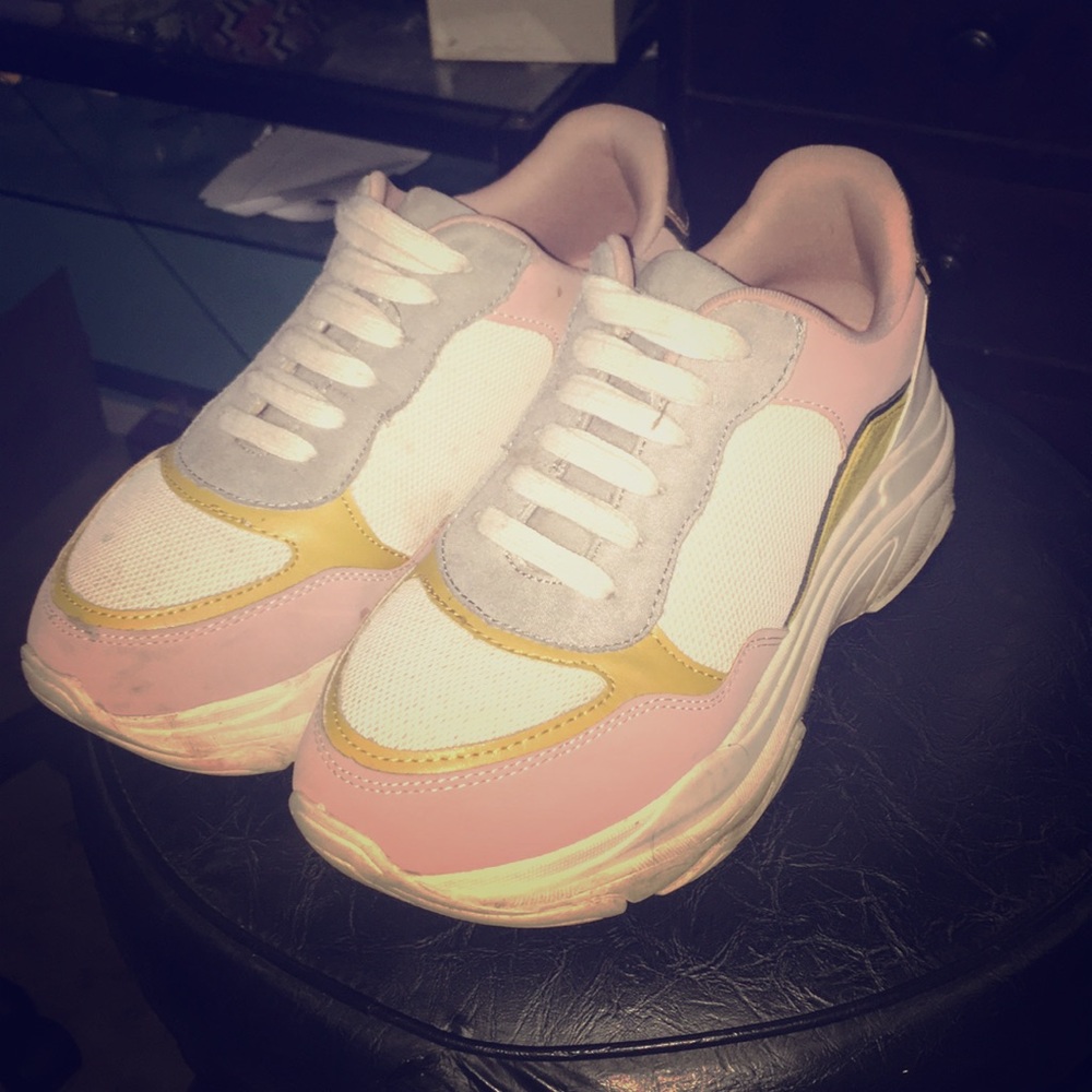 Pink yellow and gray sneakers